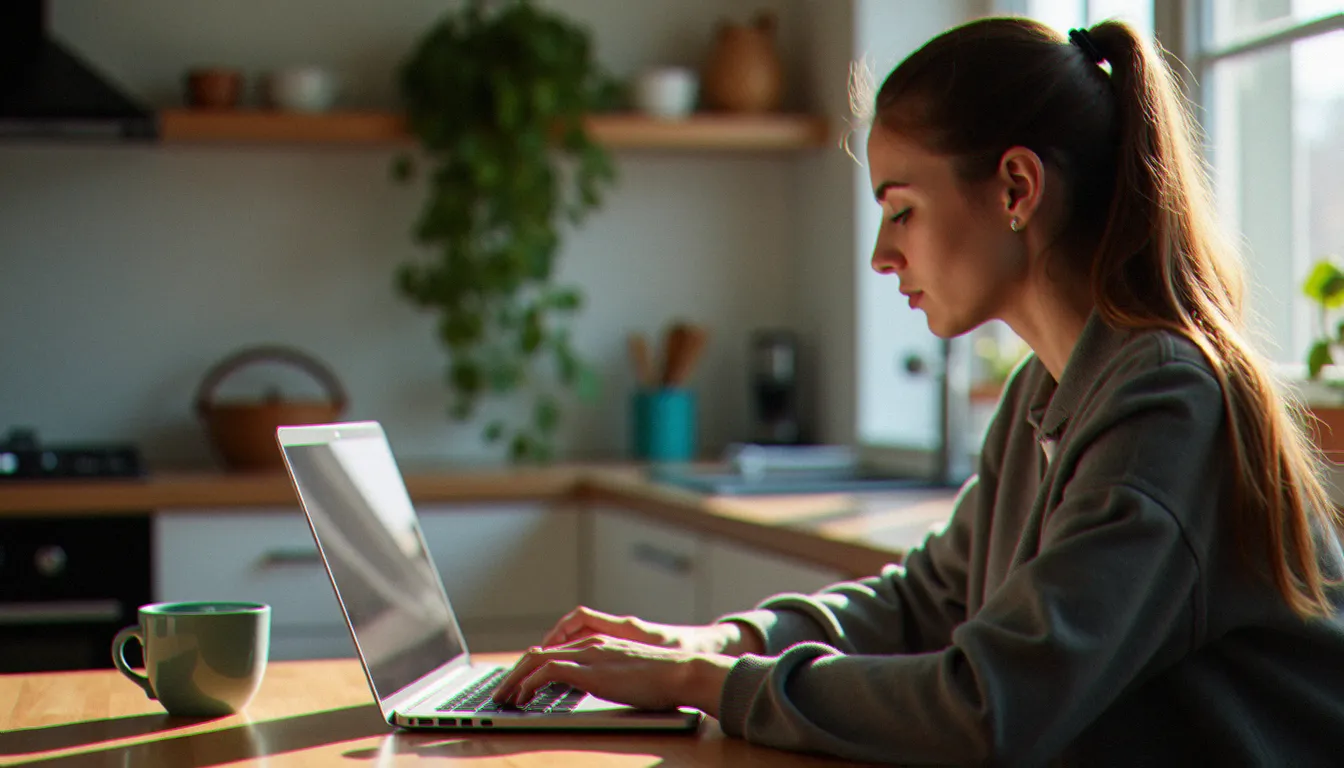 Une jeune femme comparant des offres de forfaits mobiles low-cost sur son ordinateur portable, représentant le choix d'un opérateur pour un parrainage