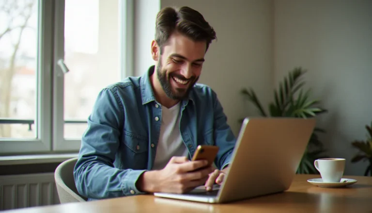 Un homme consultant son smartphone dans un bureau moderne à Paris, symbolisant la gestion d'un programme de parrainage YouPrice