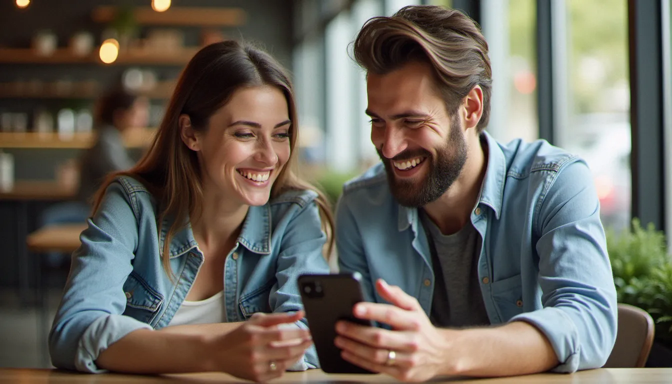 Deux amis discutant d'un programme de parrainage bancaire sur smartphone