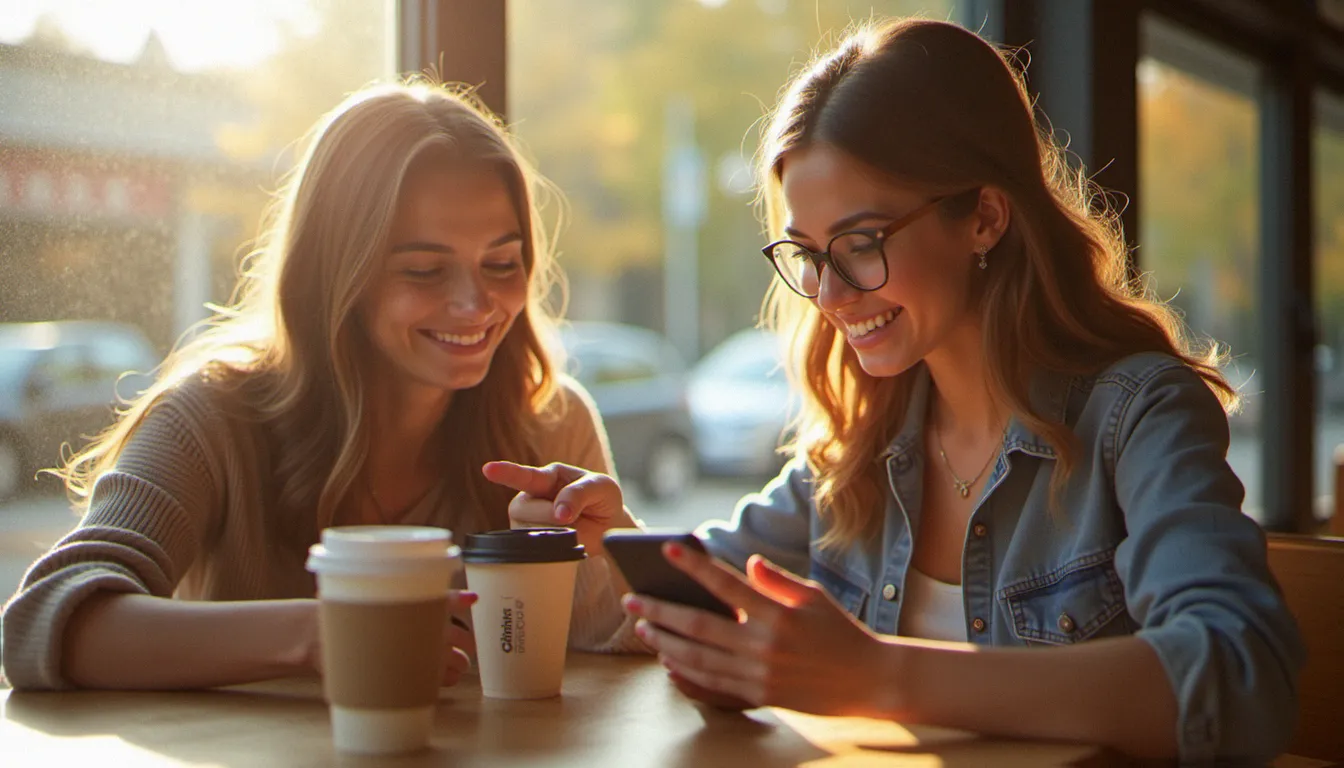 Deux amies partageant un code de réduction cosmétique dans un café