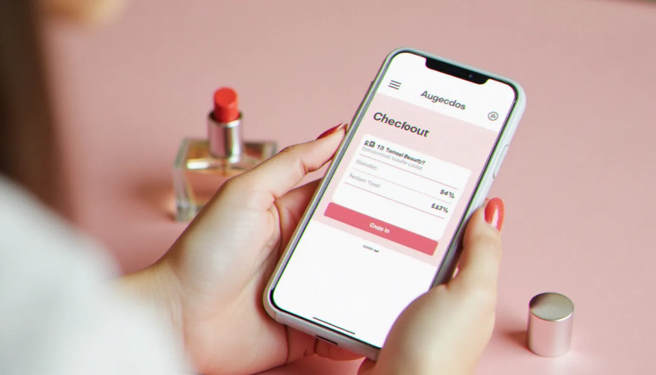 Femme saisissant un code parrainage Beauté Privée sur son smartphone lors d'une commande en ligne de cosmétiques