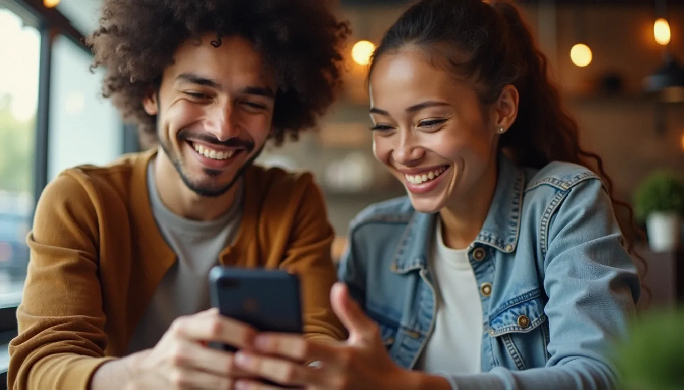 Deux amis échangeant un code parrainage Fidme sur smartphone dans un café.