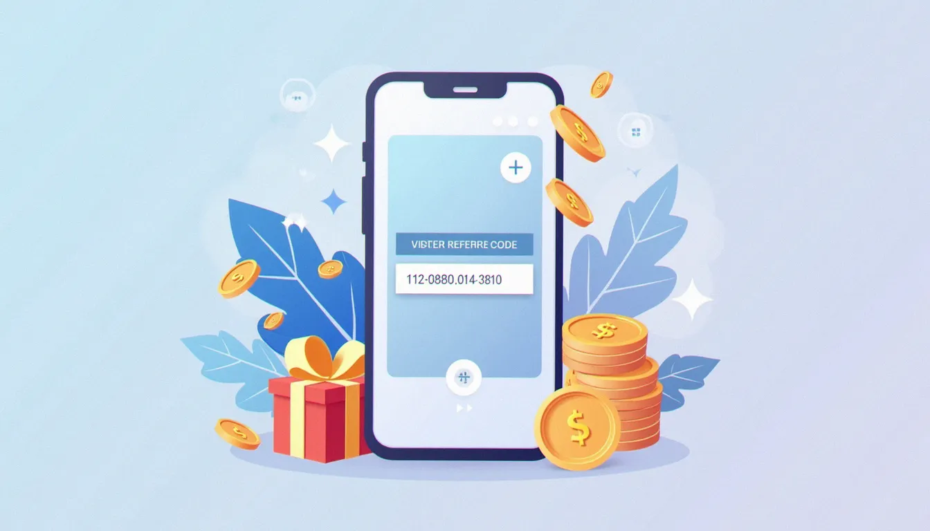 Smartphone affichant un code parrainage Fidme avec des icônes de bonus et de récompenses.