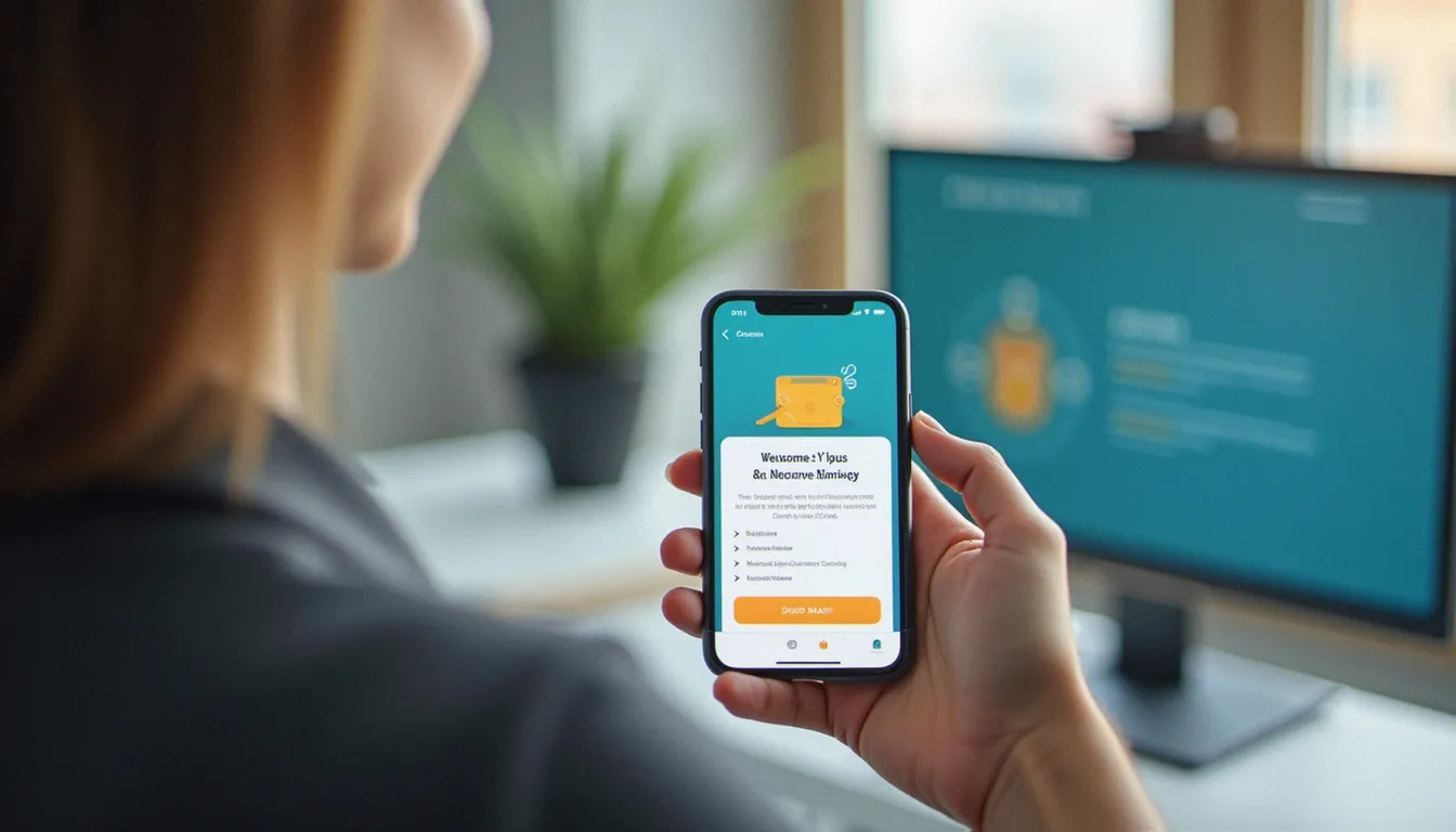 Personne utilisant une application bancaire sur smartphone avec notification de bonus de bienvenue