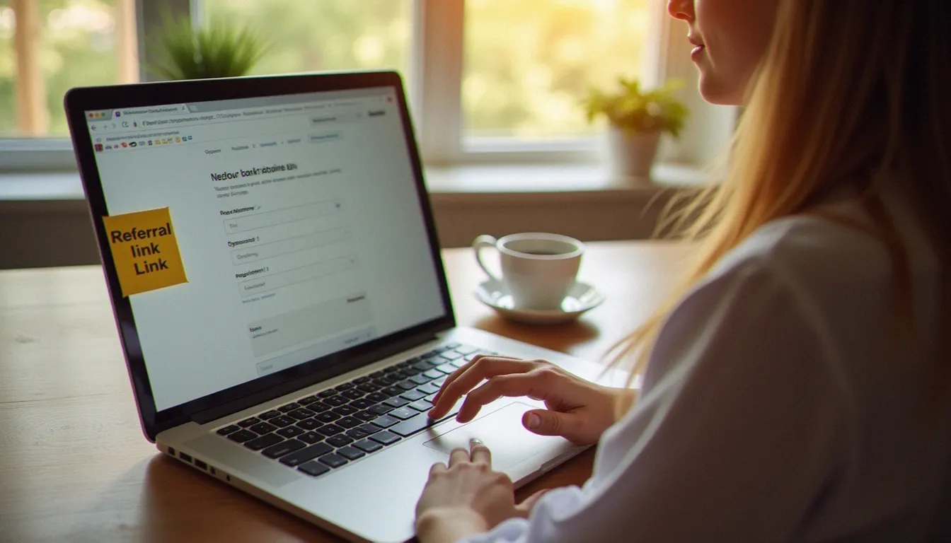 Femme en train de compléter le formulaire d'inscription d'un compte bancaire en ligne après avoir reçu un lien de parrainage