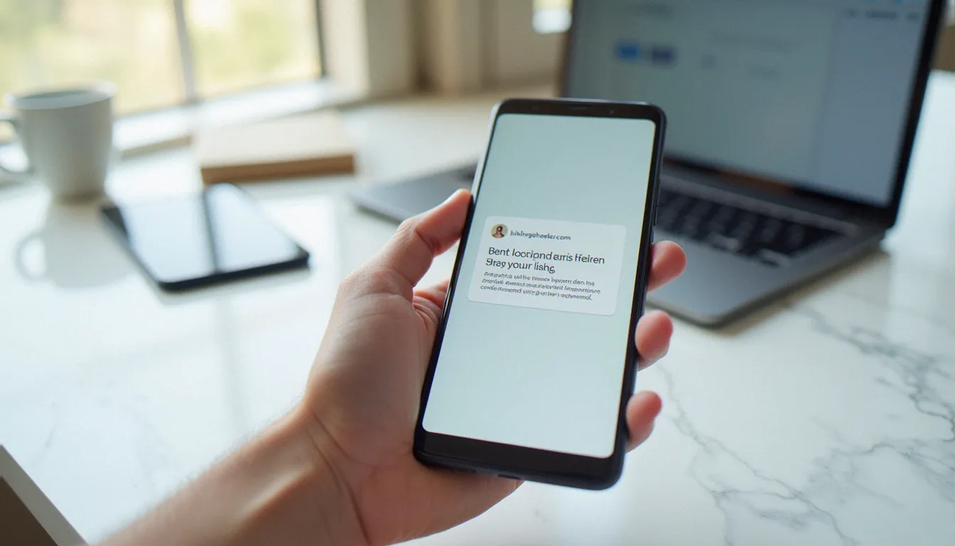 Main smartphone affichant un lien de condition parrainage Boursorama partagé à un proche sur bureau clair