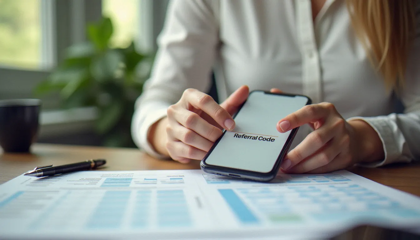Téléphone montrant un code de parrainage MACIF sur un bureau avec documents d'assurance