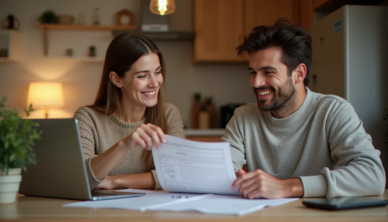 Couple étudiant un programme de macif parrainage sur ordinateur à la maison