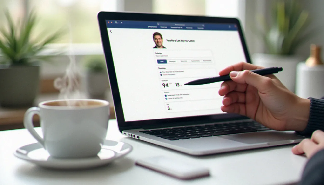 Vue d'un écran d'ordinateur portable affichant la section parrainage d'un compte client, un stylo pointant vers le lien de recommandation, tasse de café en avant-plan