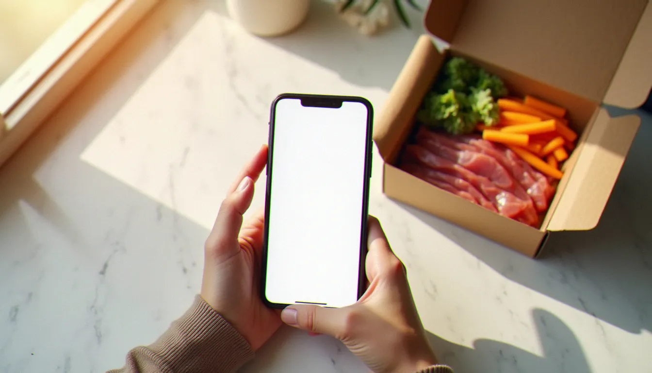 Main d'une personne copiant un lien de parrainage HelloFresh sur smartphone, à côté d'une box de repas fraîche ouverte sur un plan de travail de cuisine