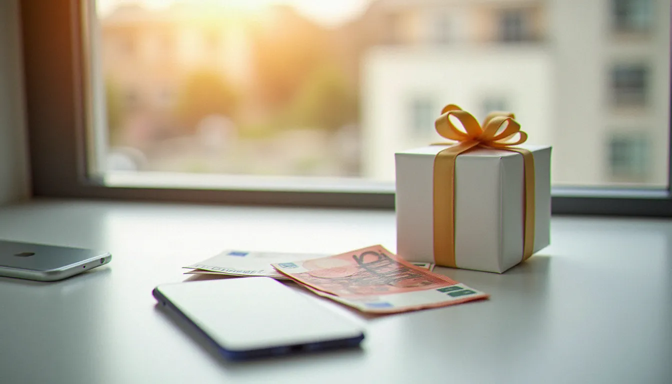 Billets, carte cadeau et petit présent disposés sur un bureau pour représenter les différents types de récompenses de parrainage