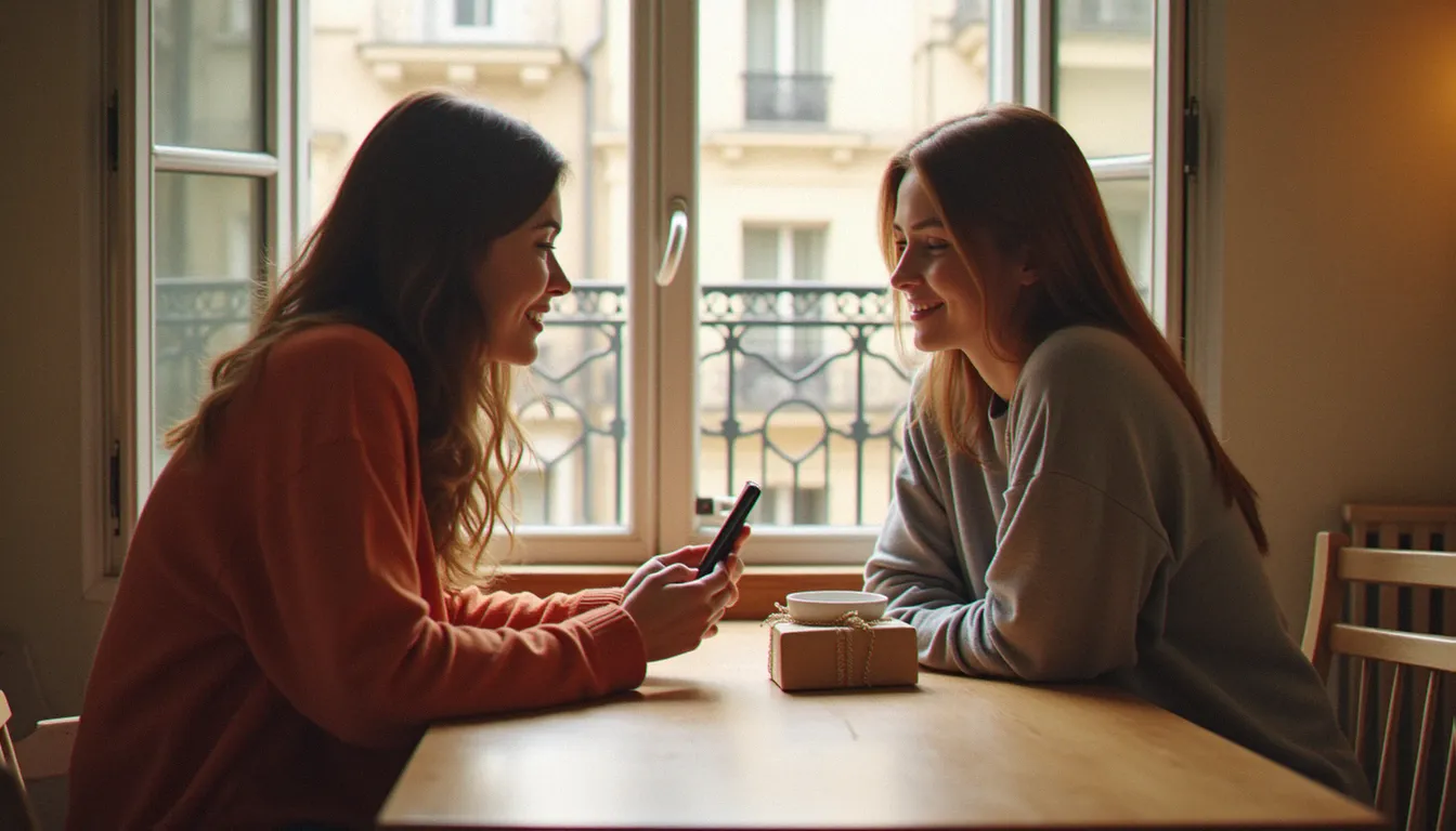 Deux amis discutant autour d'un smartphone et d'un petit paquet cadeau, illustrant les cadeaux parrainage