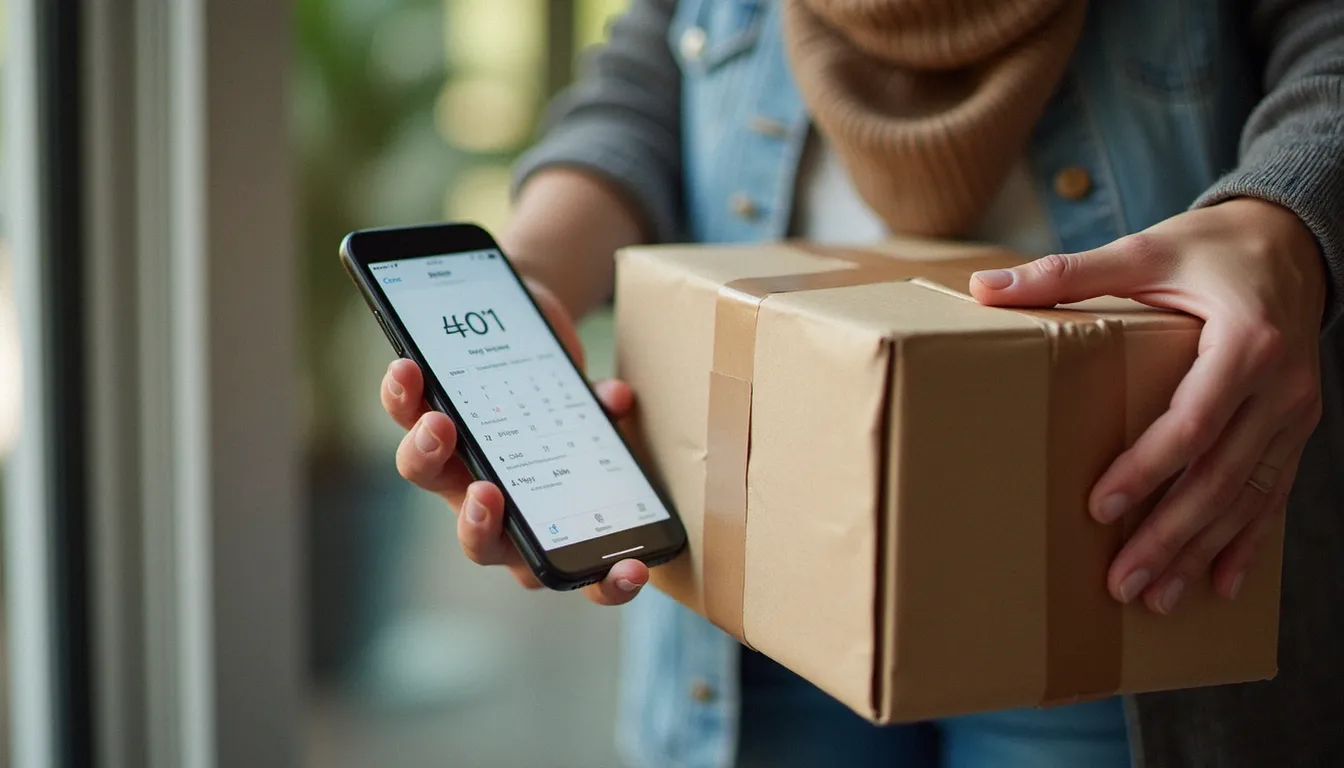 Colis livré à domicile et smartphone de suivi de commande illustrant les étapes d'un parrainage e-commerce