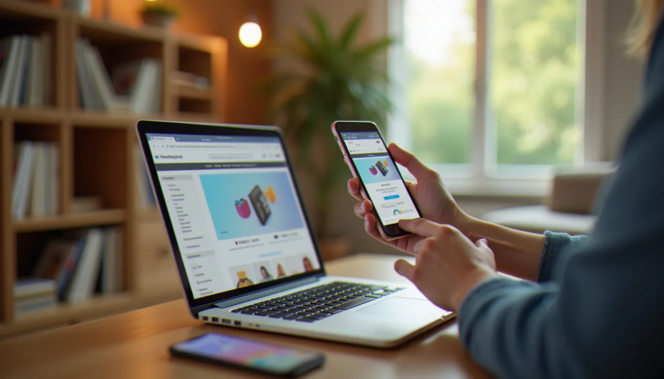 Une personne partageant son lien de cdiscount parrainage depuis son ordinateur portable et son smartphone dans un salon lumineux