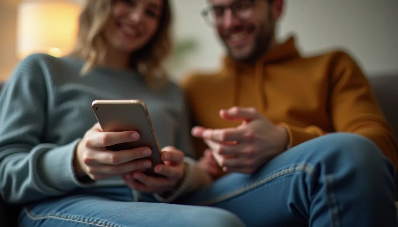 Deux amis regardent un smartphone ensemble pour comprendre le fonctionnement d'un code de parrainage