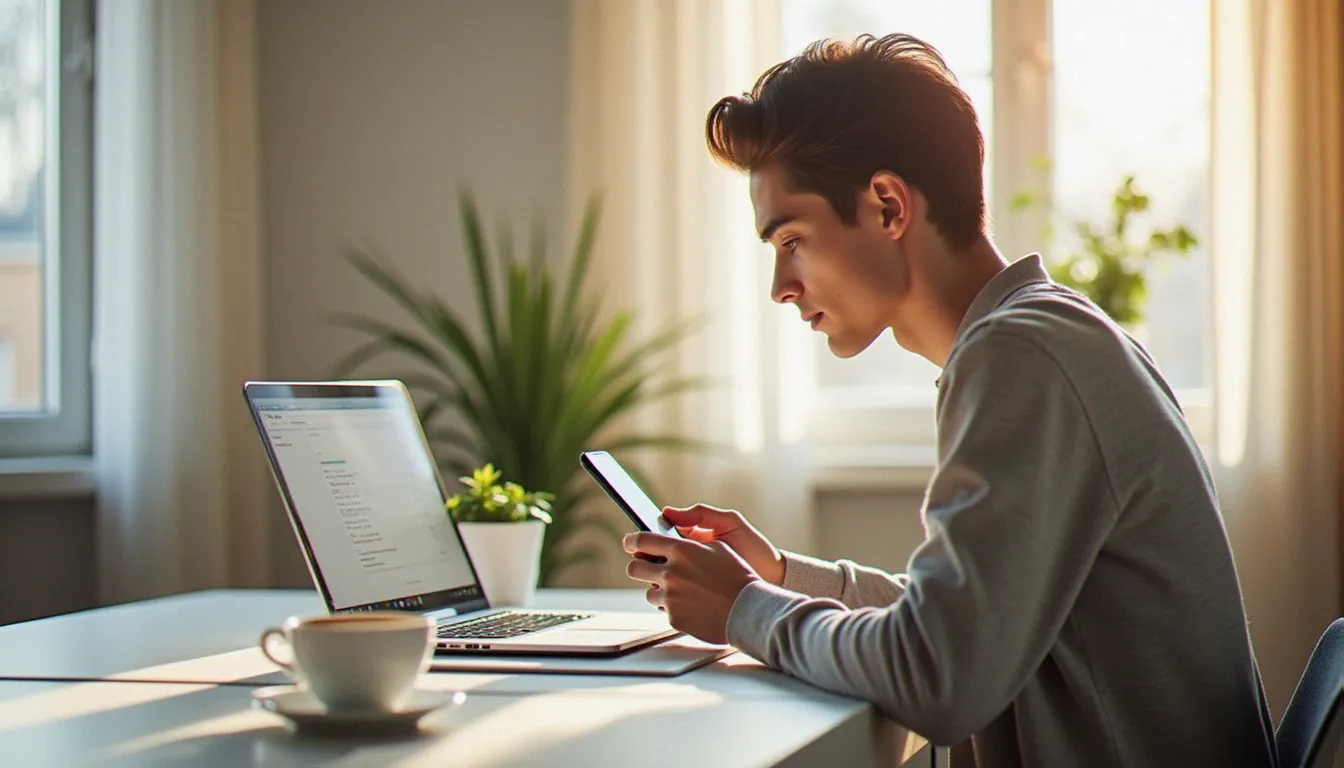 Une personne consulte son smartphone et son ordinateur portable à son bureau pour utiliser des codes parrainage