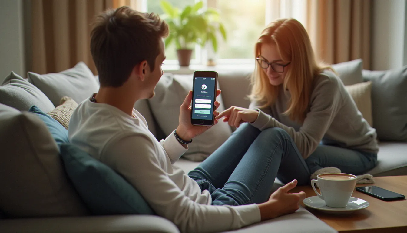Deux amis devant un smartphone dans un salon lumineux, l'un montrant à l'autre comment être parrainé lors d'une inscription en ligne
