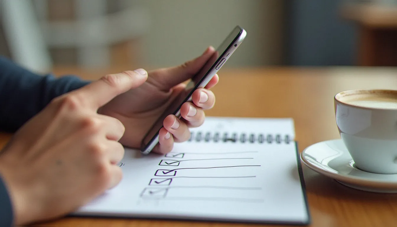 Mains tenant un smartphone à côté d'une liste d'étapes manuscrite sur un bureau en bois