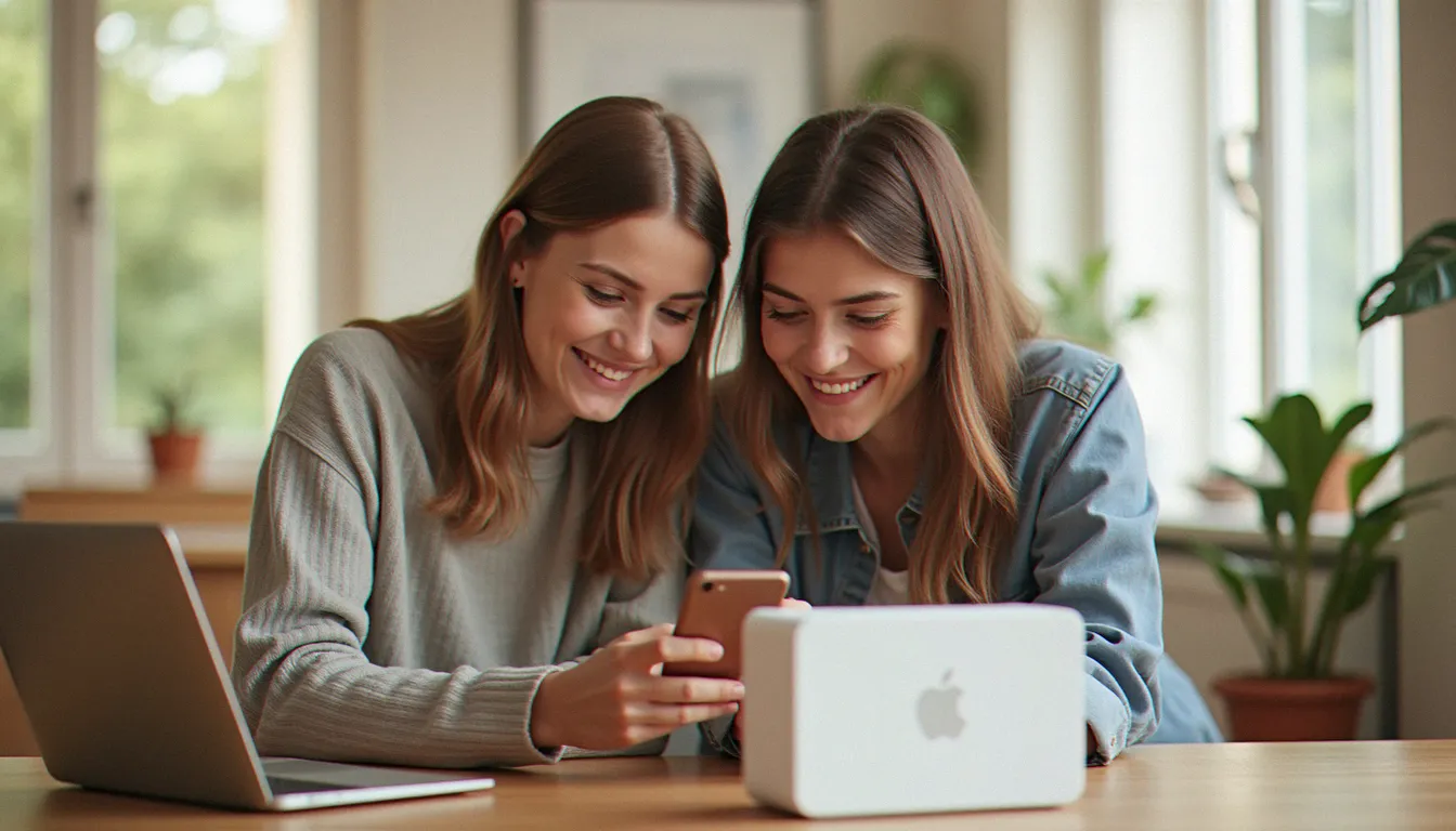 Deux amis regardent un smartphone dans un salon pour découvrir le free parrainage