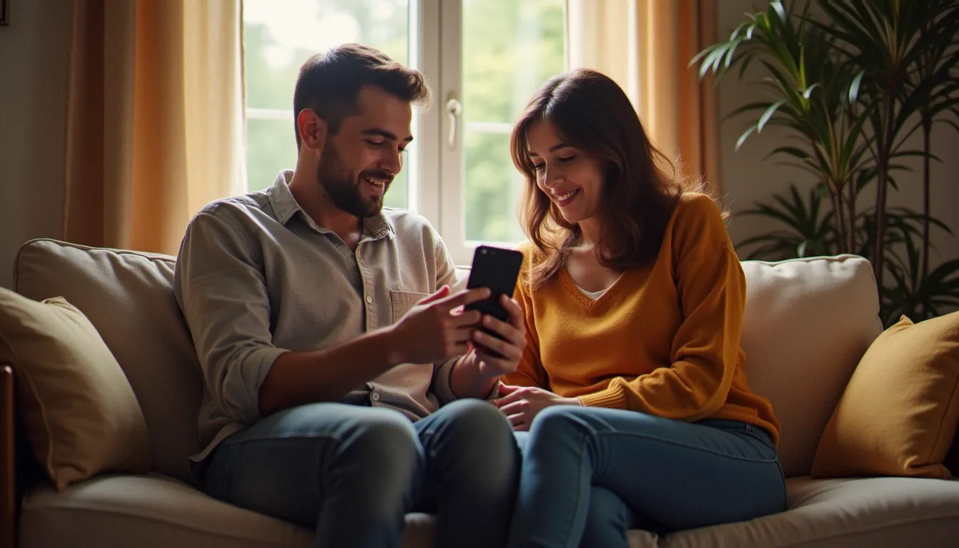 Deux amis sur un canapé, l'un partageant son code de parrainage depuis son téléphone à l'autre