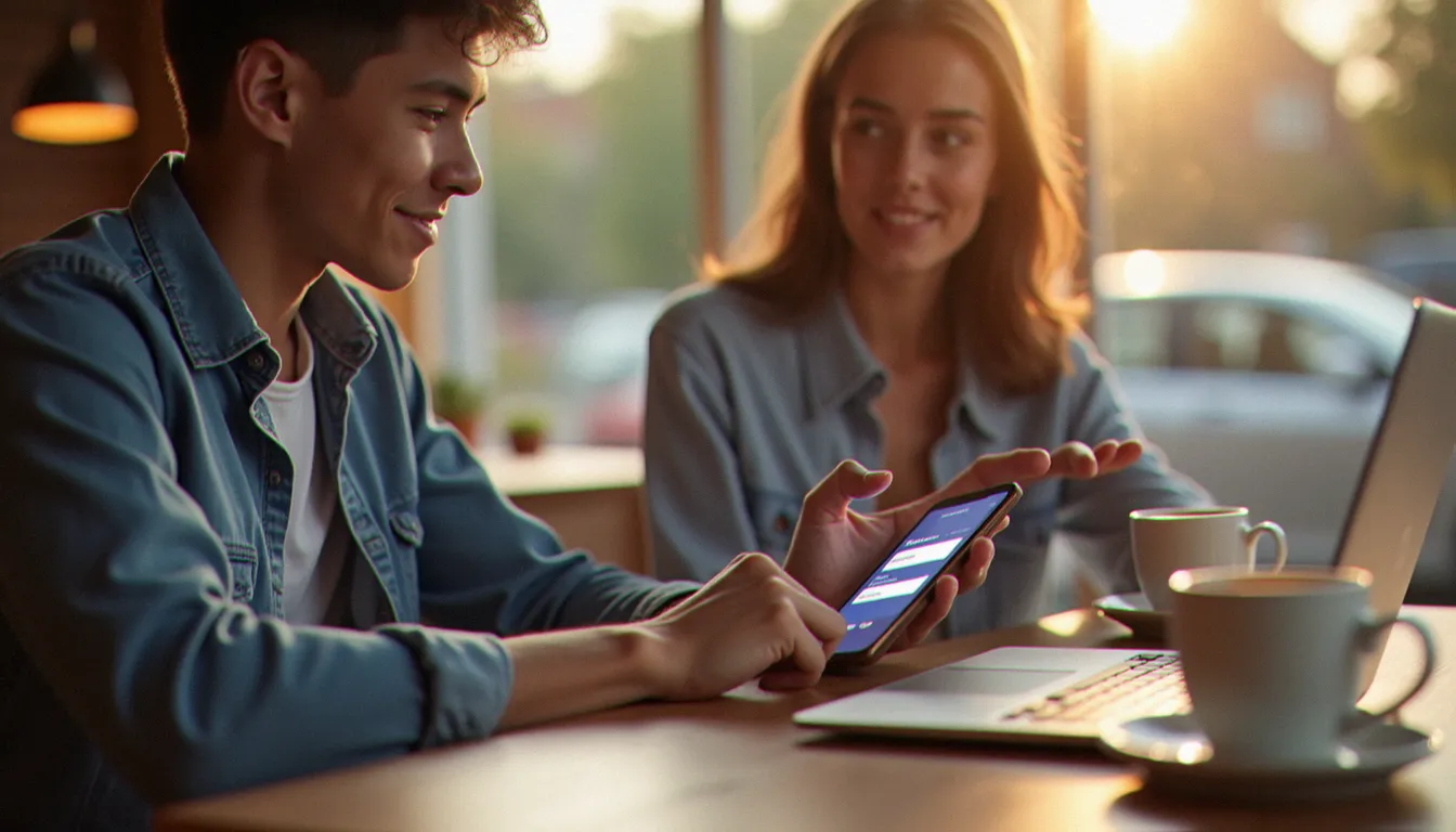 Un jeune adulte découvre sur son smartphone l'inscription à un service, guidé par un ami, illustrant le rôle du parrainé