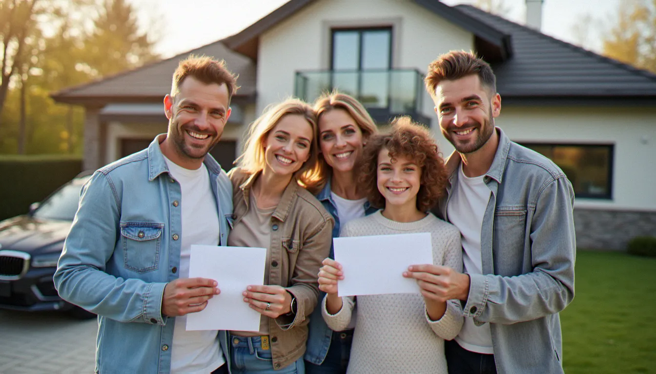 Famille souriante avec clés de voiture et de maison illustrant le parrainage MAAF pour l'assurance auto et habitation