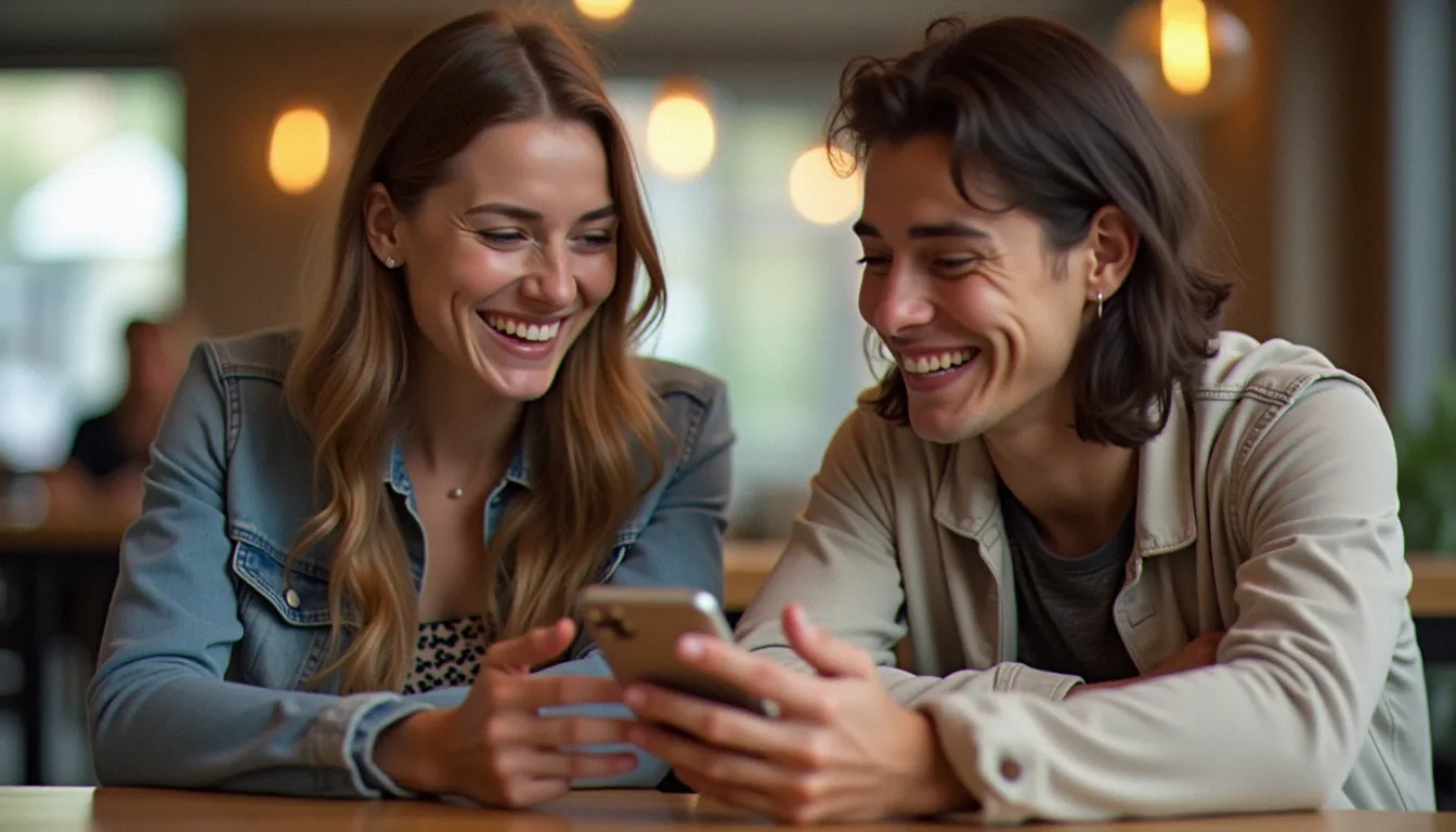 Deux amis discutant autour d'un smartphone affichant un lien de parrainage bancaire