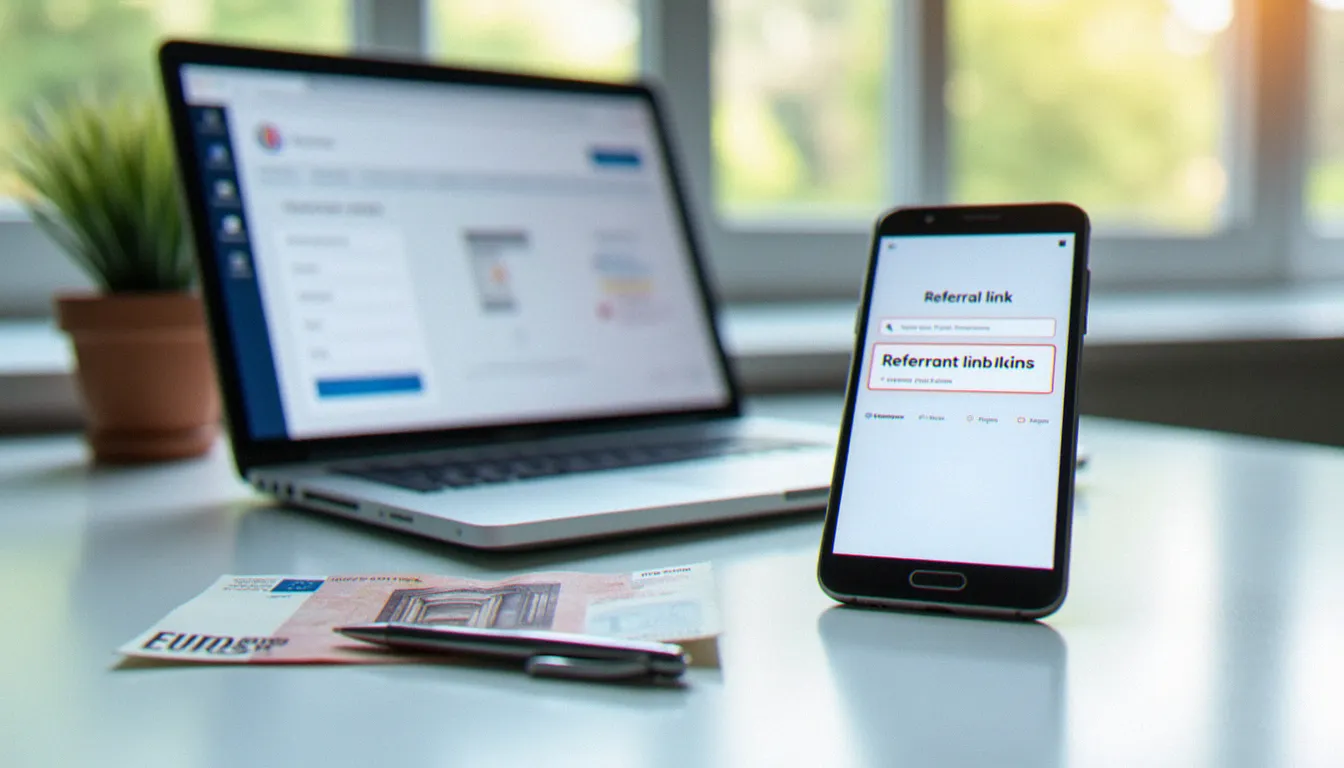 Bureau avec ordinateur portable affichant un site bancaire et un smartphone montrant une notification de parrainage, illustrant l'offre parrainage Boursorama