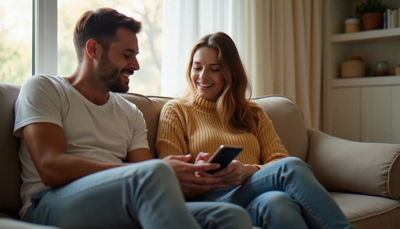 Deux amis regardent ensemble un smartphone pour découvrir comment ouvrir un compte avec un lien de parrainage