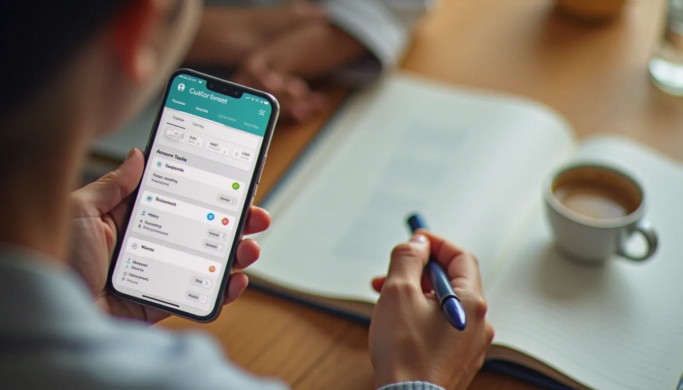 Mains tenant un smartphone pour consulter un espace client, à côté d'un carnet de notes sur un bureau en bois