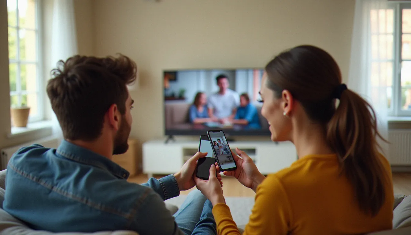 Deux amis dans un salon qui regardent un smartphone, illustrant le parrainage Canal Plus entre proches