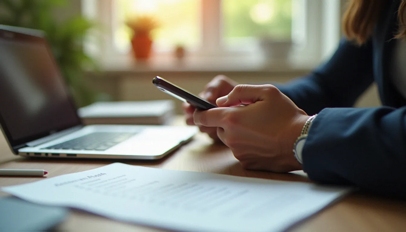 Mains tenant un smartphone à côté d'un ordinateur portable et d'une liste d'étapes, pour illustrer le fonctionnement d'un parrainage commercial
