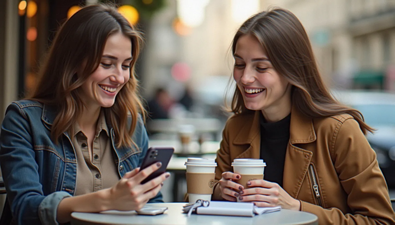 Deux amis dans un café parisien partageant un lien depuis un smartphone, illustration du parrainage def