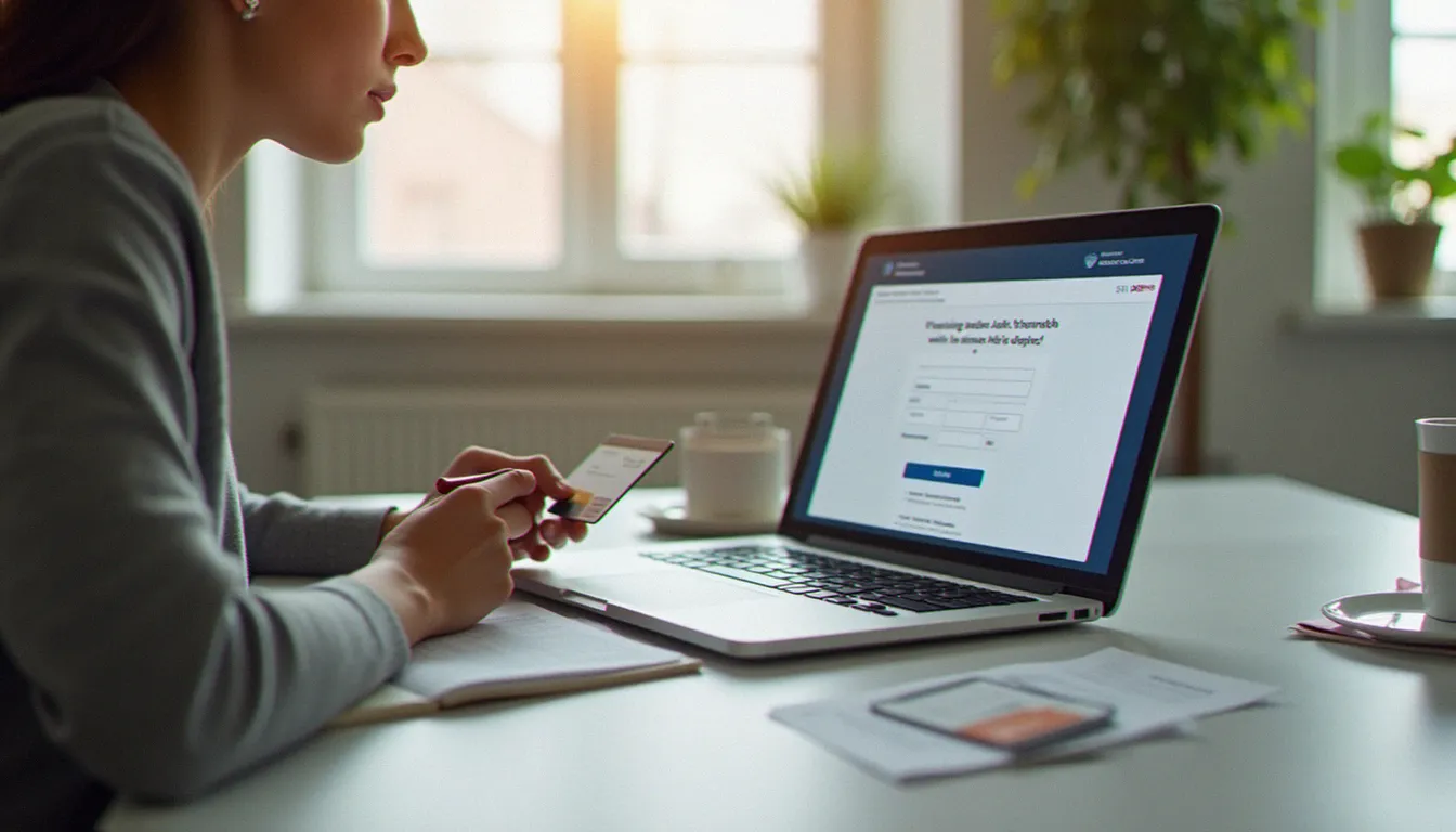 Une personne remplit un formulaire d'ouverture de compte en ligne avec ses justificatifs posés à côté de son ordinateur