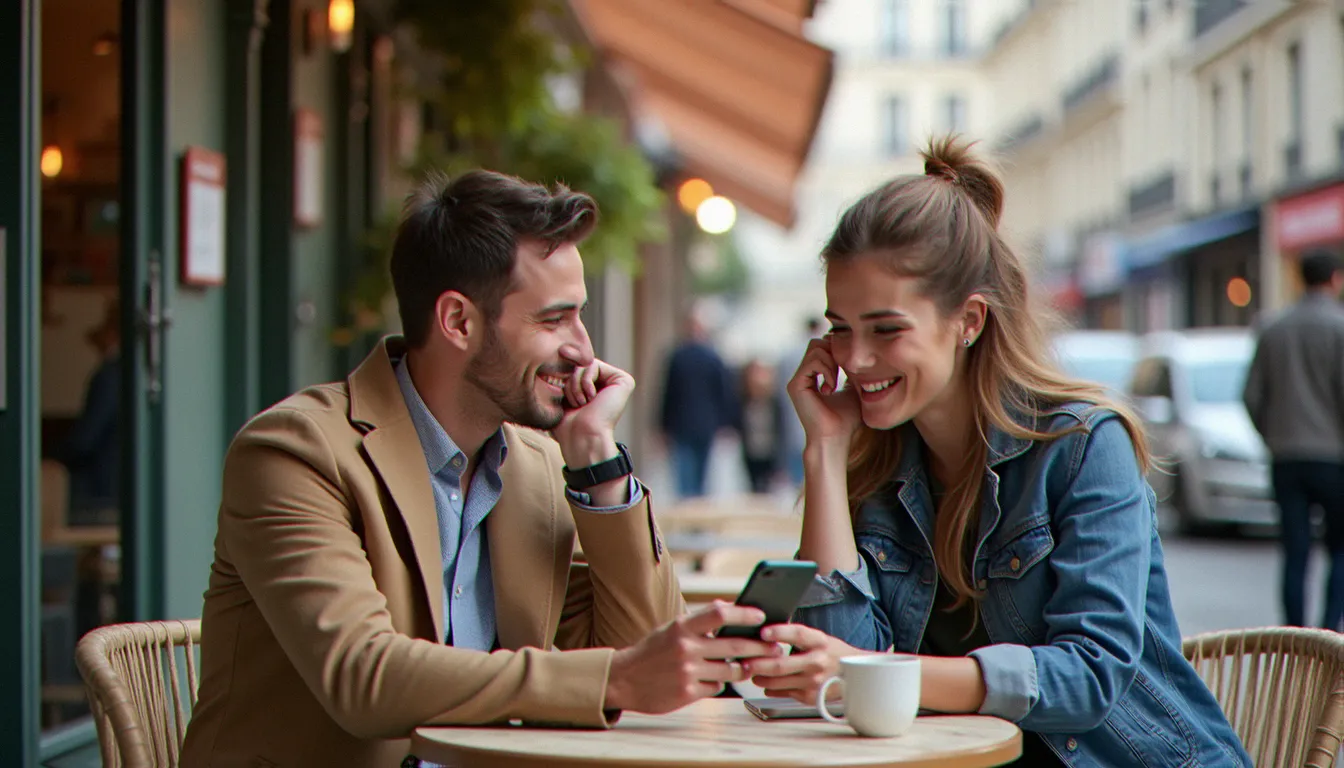 Deux amis discutent autour d'un smartphone dans un café parisien à propos du parrainage Société Générale