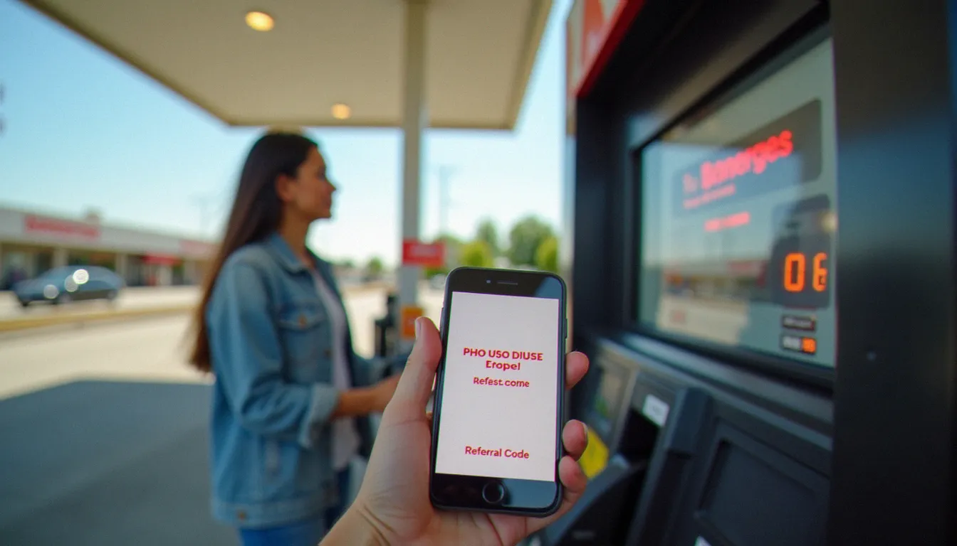 Station-service TotalEnergies avec code parrainage affiché sur smartphone