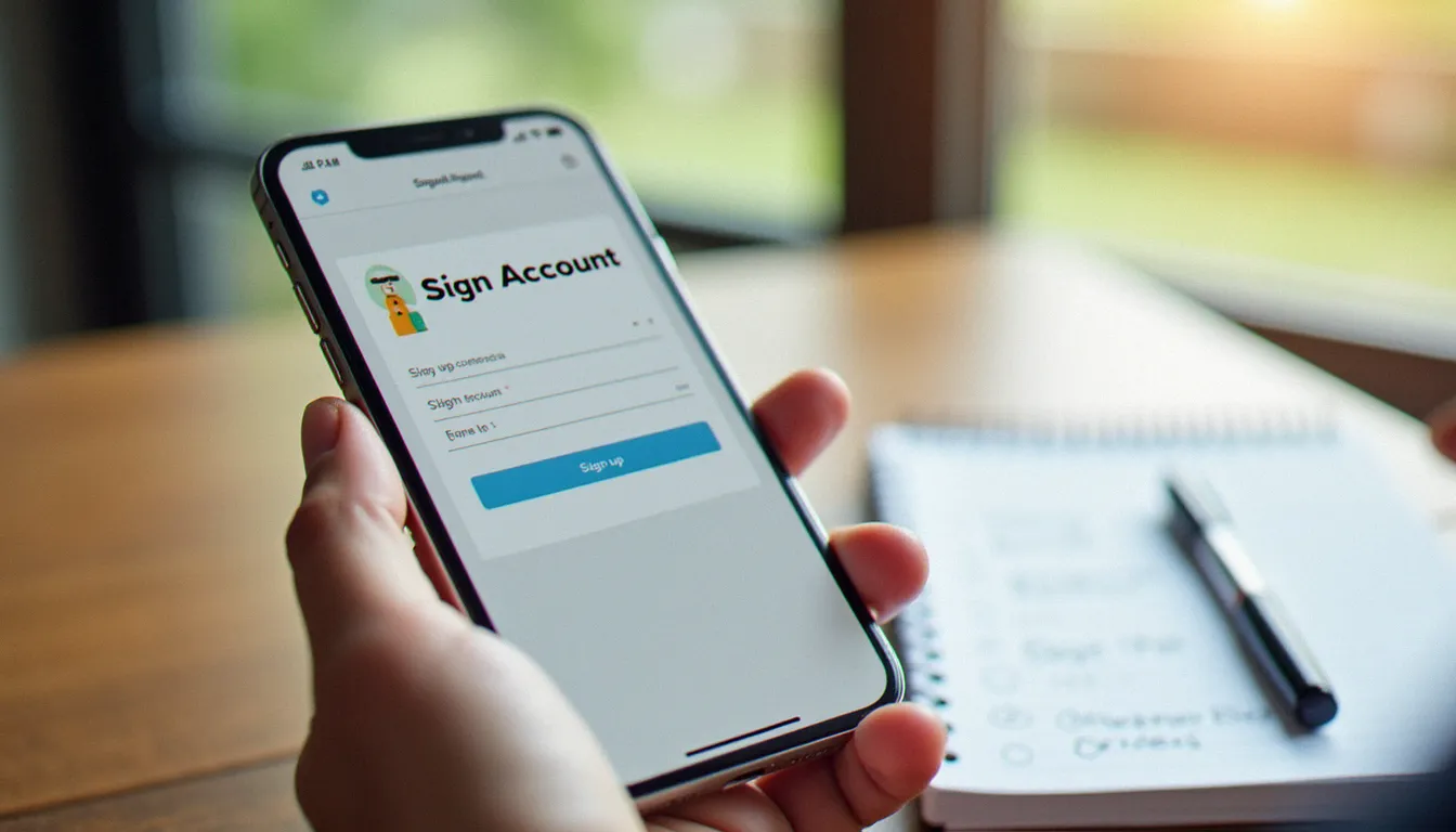 Mains tenant un smartphone pour suivre les étapes de souscription d'un parrainage, avec une liste de contrôle manuscrite sur la table