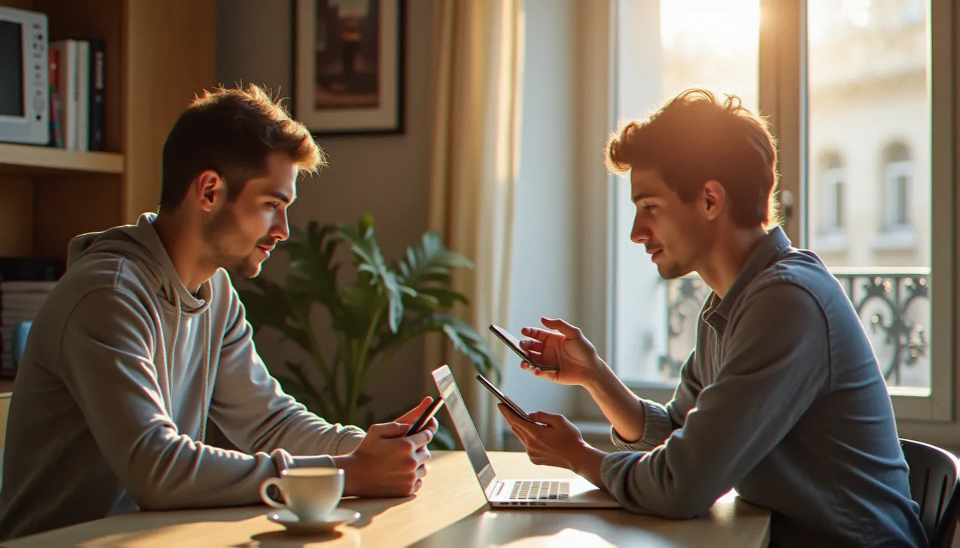 Deux amis qui consultent un smartphone pour partager un lien de sosh parrainage depuis un appartement lumineux