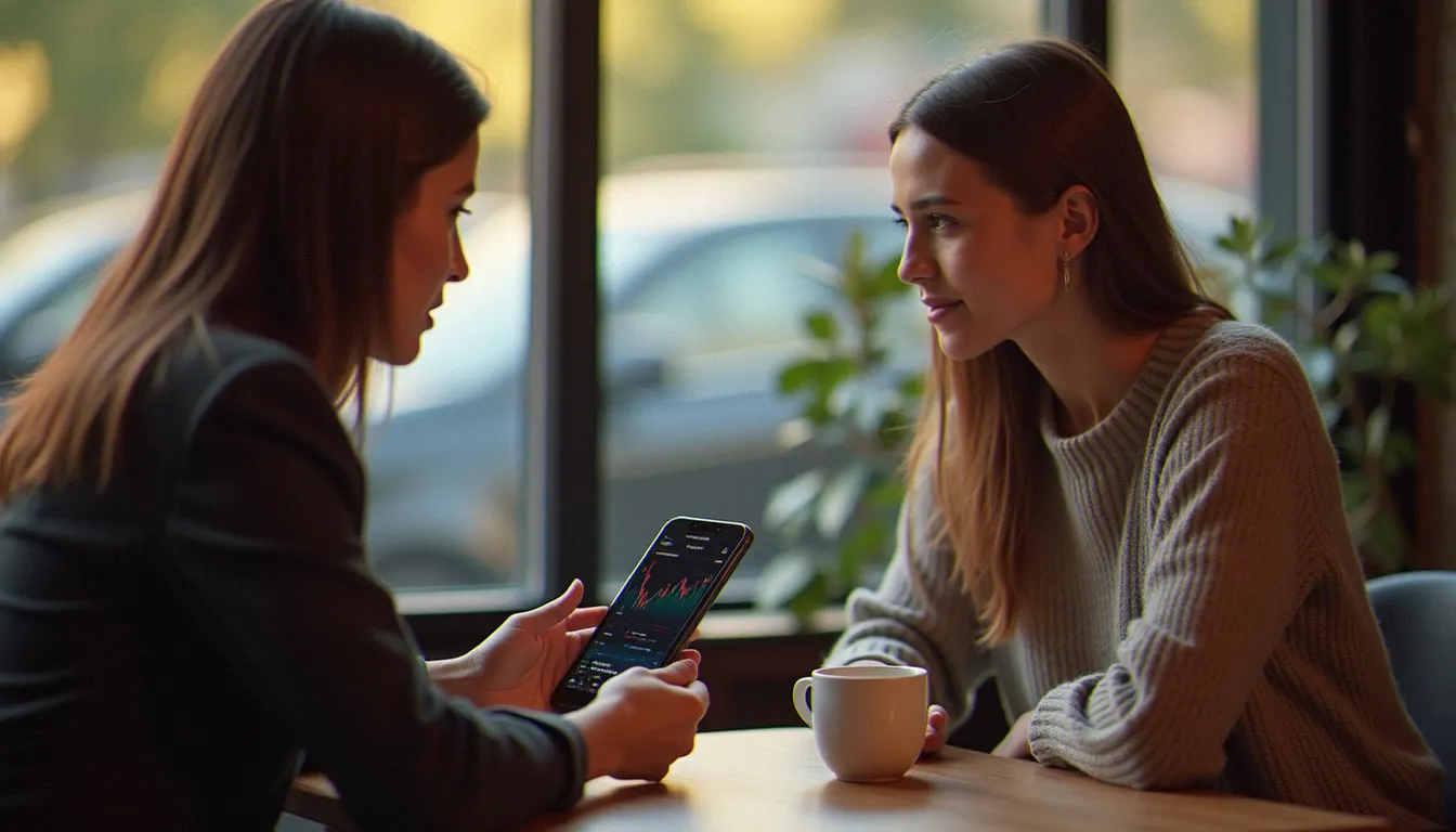Deux personnes discutant d'investissement et partageant un lien de parrainage sur smartphone