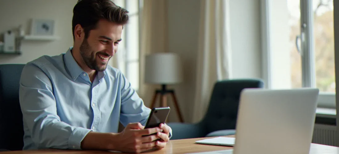Un homme consultant son application bancaire sur son téléphone après avoir utilisé un code de parrainage pour obtenir une prime