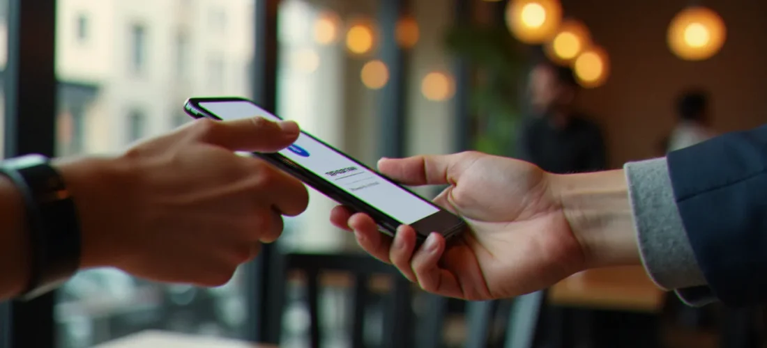 Deux personnes s'échangeant un smartphone affichant un code de parrainage Joko dans un café parisien