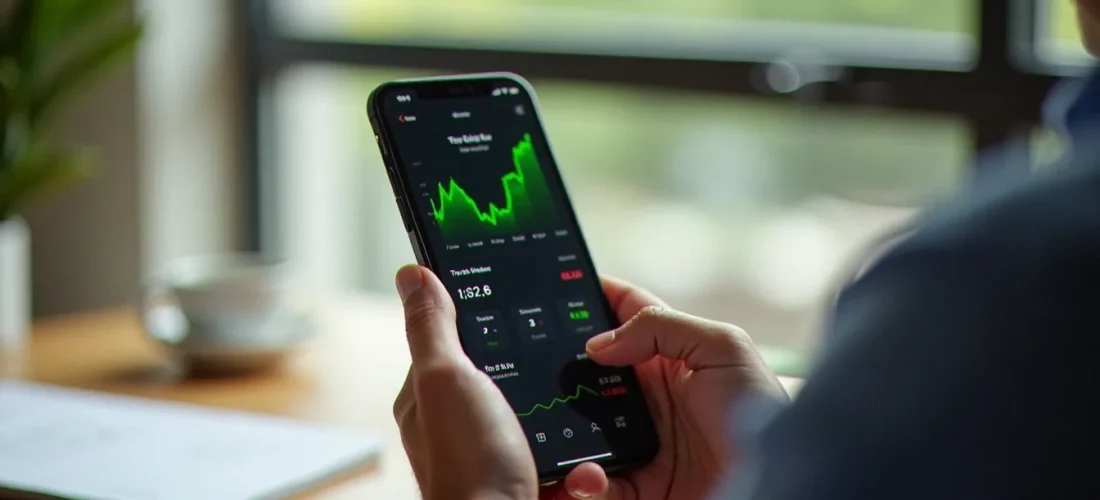 Personne utilisant une application de courtage sur smartphone pour investir en bourse grâce à un code de parrainage Trade Republic