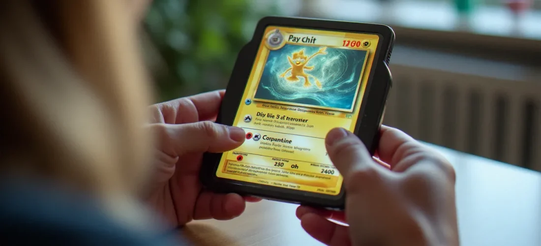 Mains tenant une carte Pokémon holographique devant un smartphone affichant une plateforme de live shopping, illustrant l'univers du code de parrainage Voggt