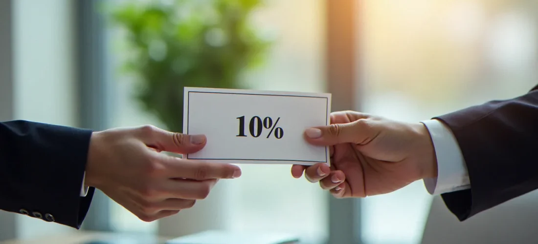 Deux personnes échangeant un bon de réduction à 10 % représentant un code parrainage 10 pour cent dans un cadre professionnel