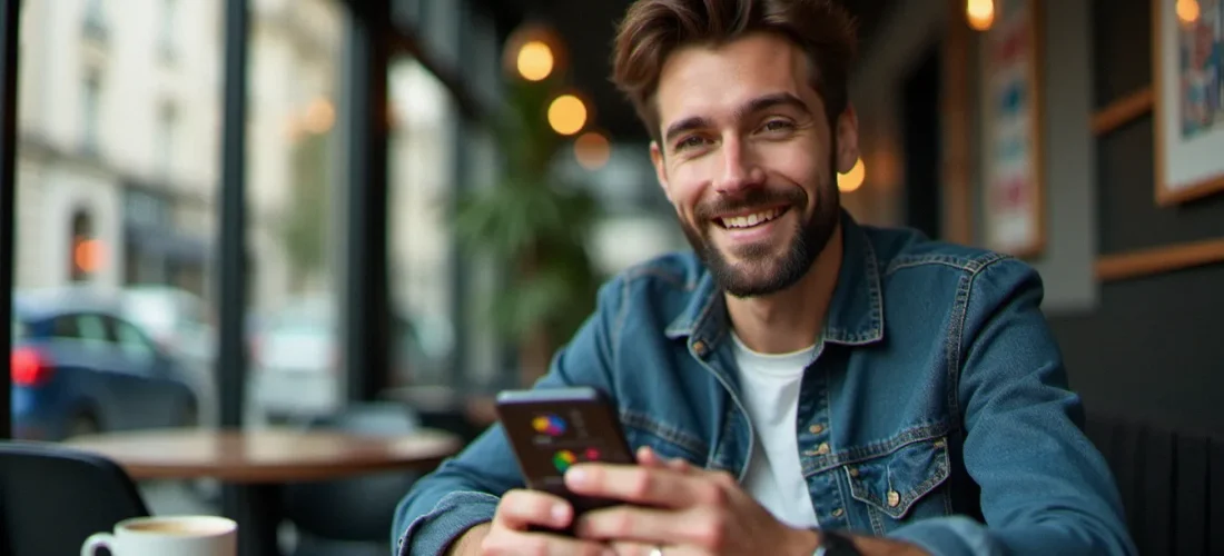 Homme consultant son application de gestion budgétaire Bankin sur smartphone dans un café parisien, illustrant l'utilisation du code parrainage Bankin