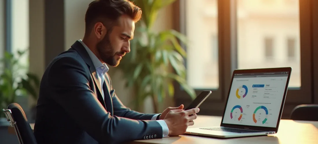 Consultant en marketing digital partageant un code parrainage Betclic depuis son smartphone dans un appartement parisien lumineux