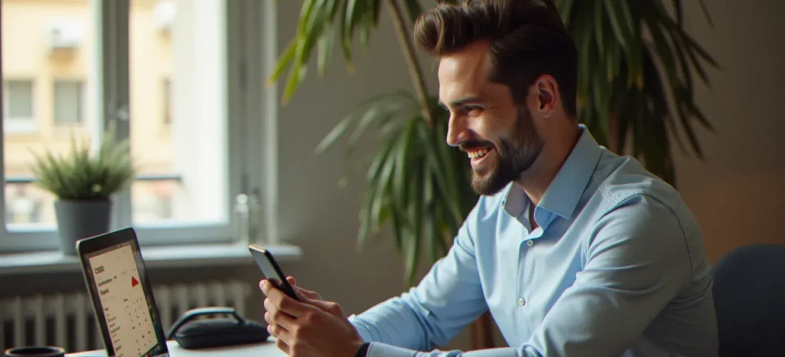 Un homme consultant son application bancaire BforBank sur smartphone pour partager son code parrainage depuis son appartement parisien