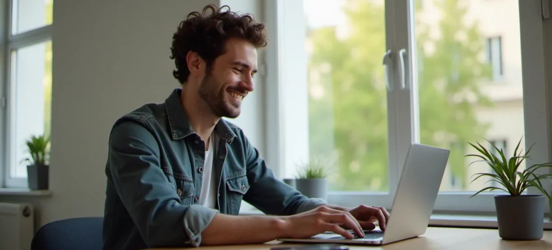 Un homme consultant son ordinateur portable pour utiliser un code parrainage BoursoBank et ouvrir un compte en ligne depuis son appartement parisien