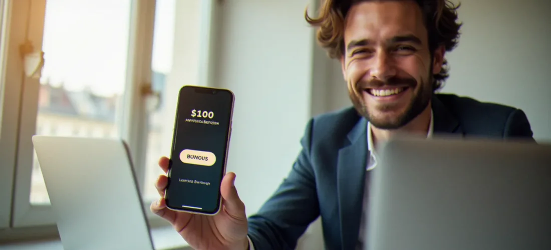 Un homme consultant son application bancaire Boursorama sur smartphone après avoir utilisé un code parrainage, dans un appartement parisien lumineux