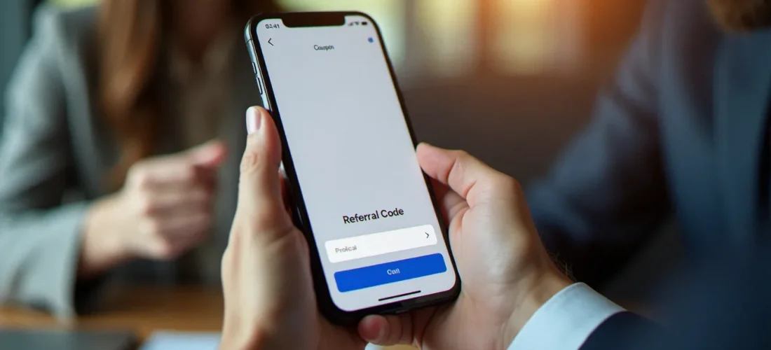 Deux personnes échangeant un code parrainage Coupon Network sur un smartphone, illustrant le fonctionnement du parrainage digital